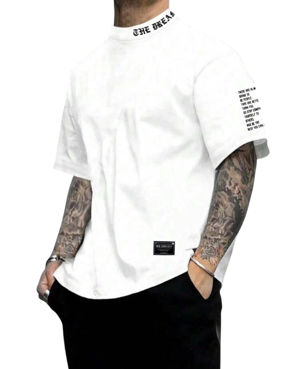 Man letter print stand Collar Short Sleeve
