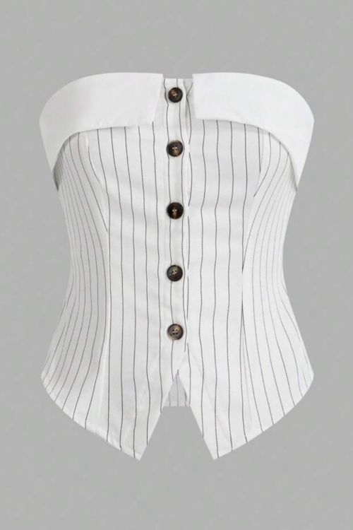Ezwear Stripped Suit Fabric Button Front Bandeau Top