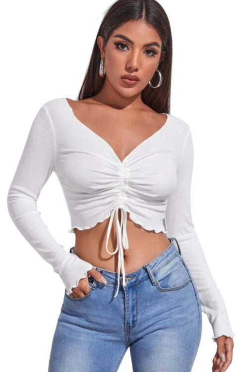 Essence Lettuce Trim Drawstring Ruched Front Solid tee