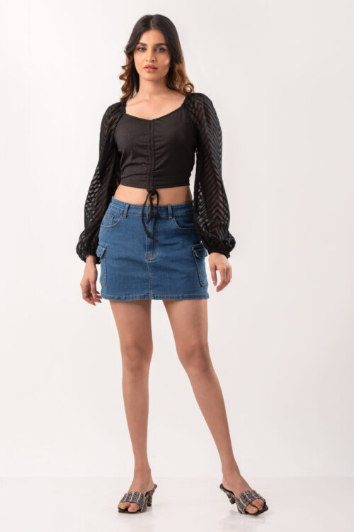 Classy Sweetheart neck  Drawstring Front Lantern Sleeve Crop Top