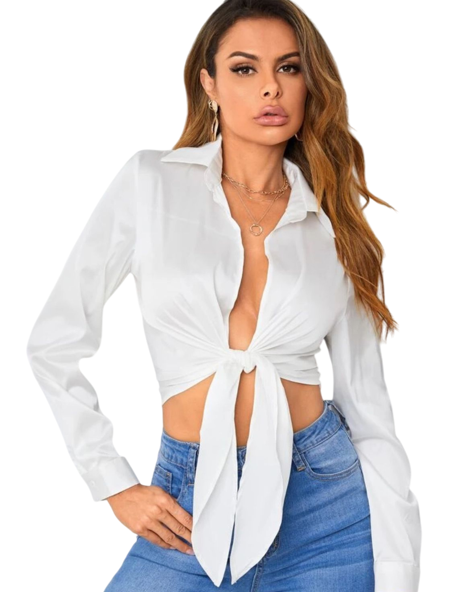 Tie Front Satin Shirt,Long Sleeve Tops