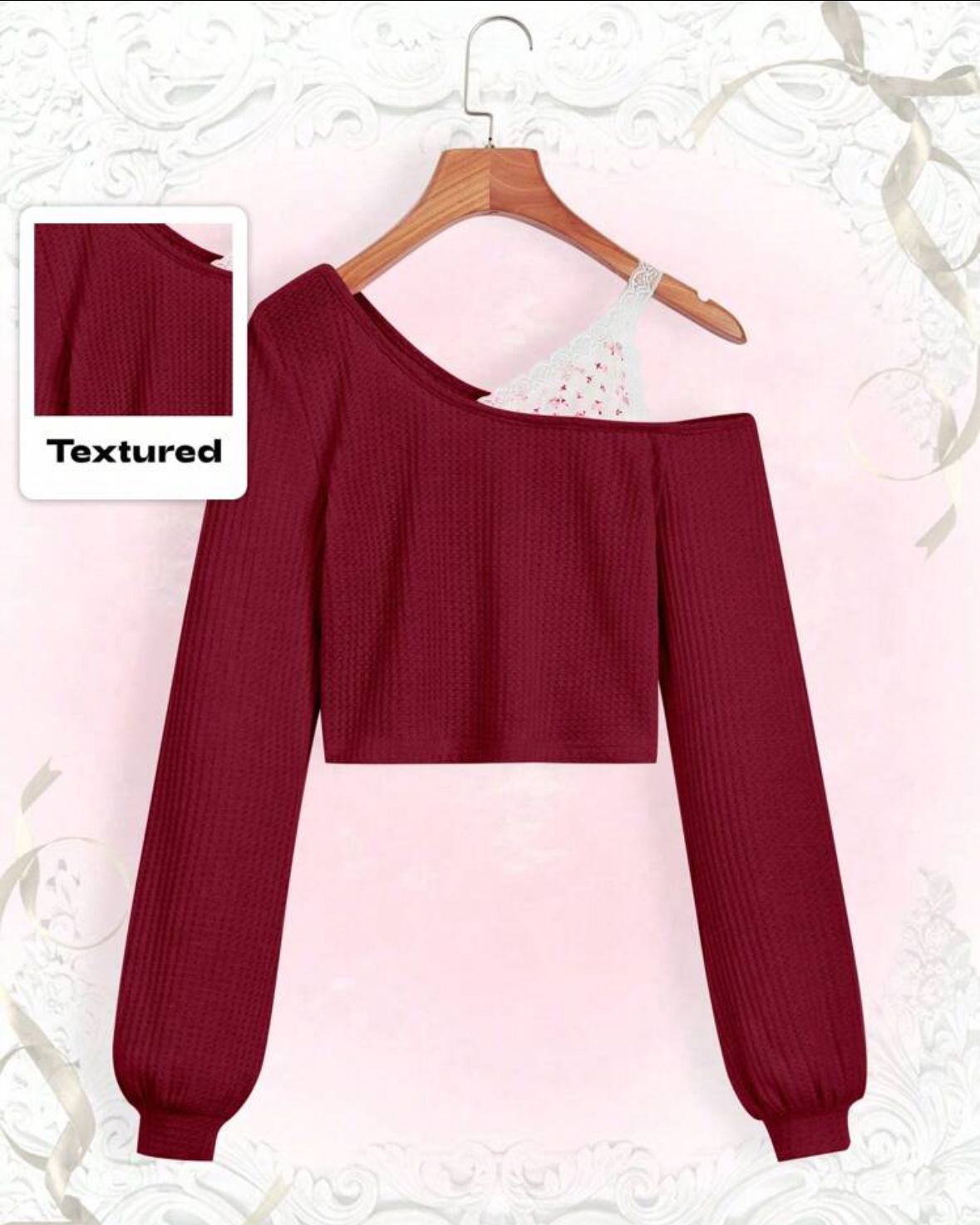 Women's Asymmetrical Collar Contrast Lace Long Sleeve T-Shirt,